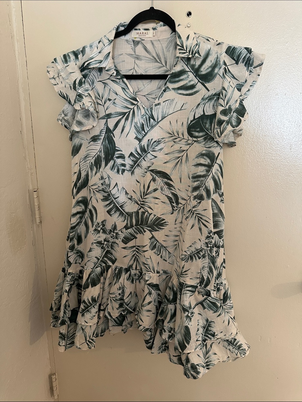 Maral Designs White Green Tropical Floral Leaf Cotton V-Neck Ruffle Dress M